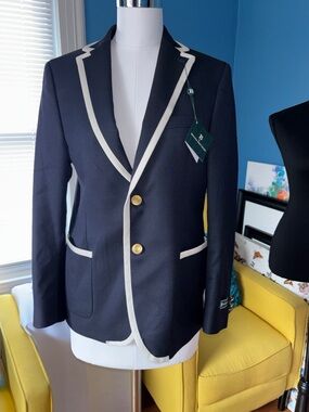 Brooks Brothers Navy Blazer with White Contrast Trim and Gold Buttons size 16 r